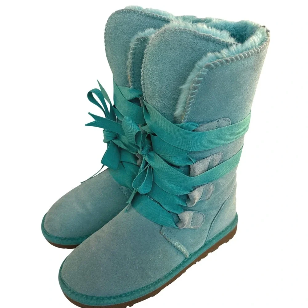 GQPY Women Turquoise Suede Ribbon Lace Up Faux Fur Lined Winter Boots 36